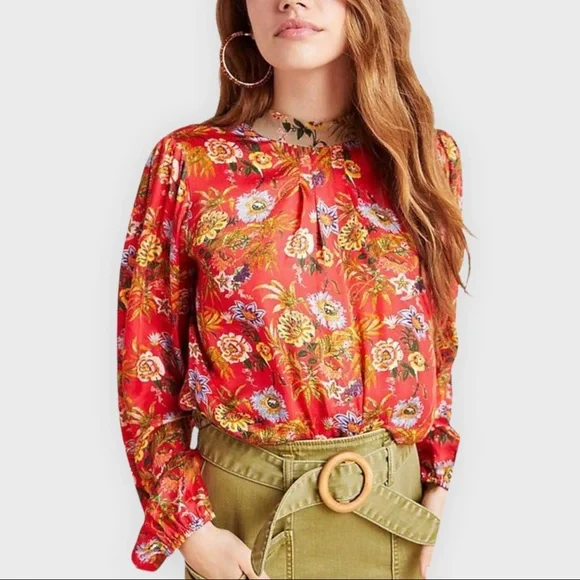 Nikasha Red Floral Toscana Tie Back Peasant Blouse - Picture 2 of 9